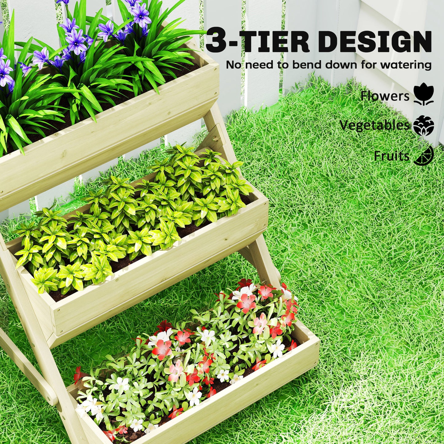 3 Tier Raised Garden Bed Wooden Elevated Planter Box Kit, 66L for Flower, Vegetable, Herb, 65x75x78cm, Green