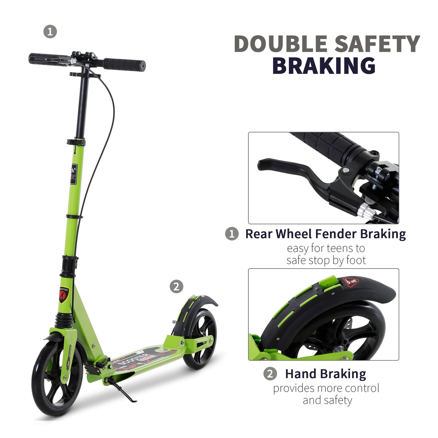 Kick Scooter, Folding 2 Wheel Scooter with Dual Brake System, Dual Suspension, 230mm Big Wheels and 3 Adjustable Handlebar