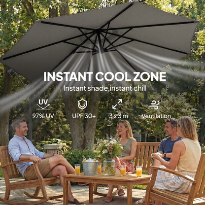 3 m Garden Cantilever Parasol with Cross Base, Sandbag, 360° Rotating Overhanging Banana Umbrella, Grey
