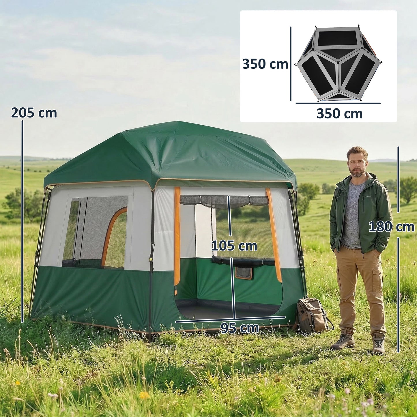 Cabin Tent Easy Setup 3000mm Waterproof Camping Tent 4 Person with Carrying Bag Green