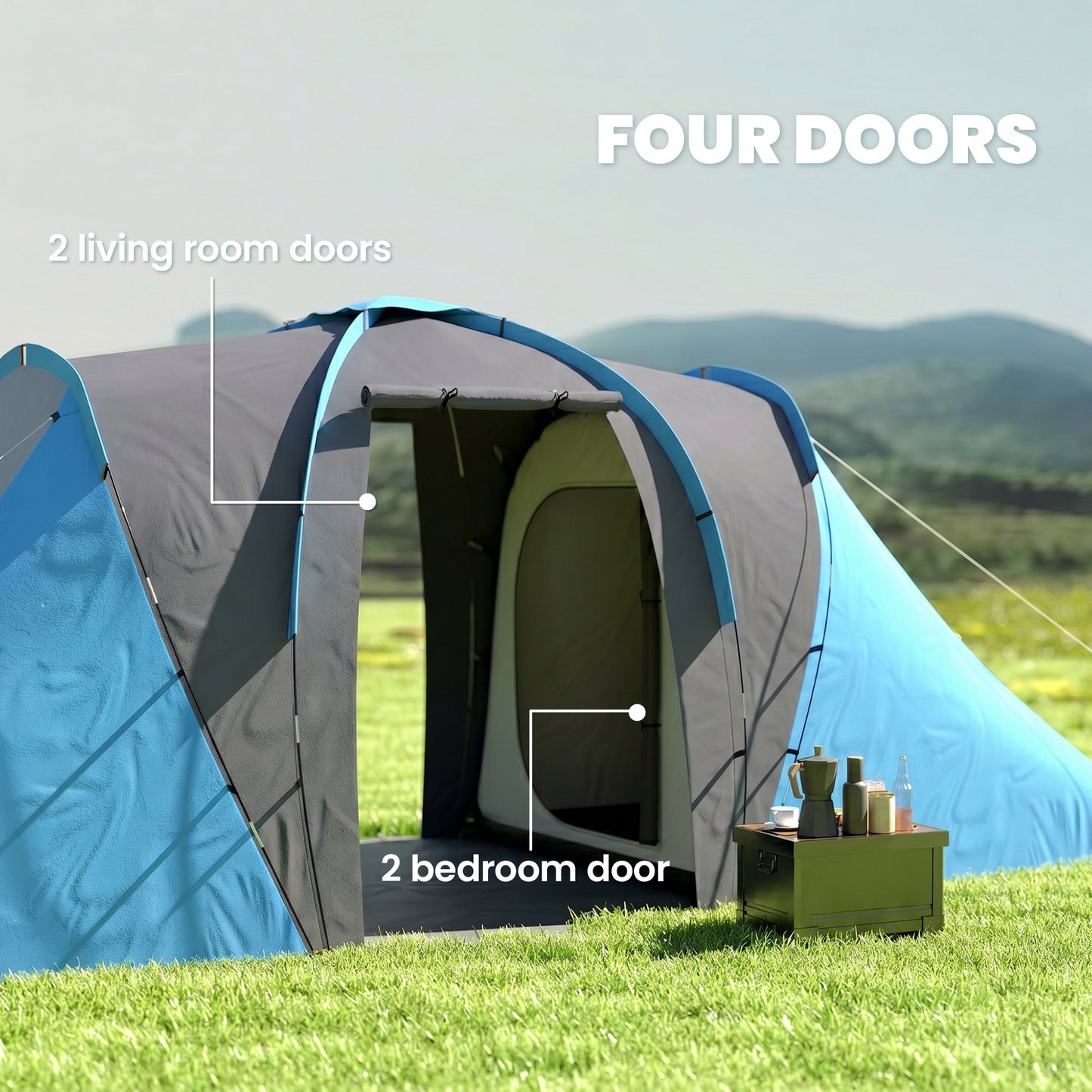 Large Camping Tent Tunnel Tent with 2 Bedroom and Living Area, 2000mm Waterproof, Portable with Bag for 4 Man, Blue