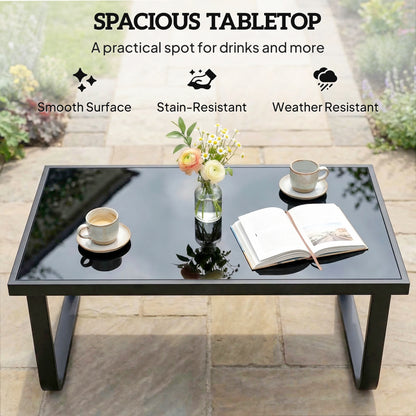 Outdoor Garden Coffee Table, Rectangle Metal Side Table with Tempered Glass Tabletop, Adjustable Foot Pads