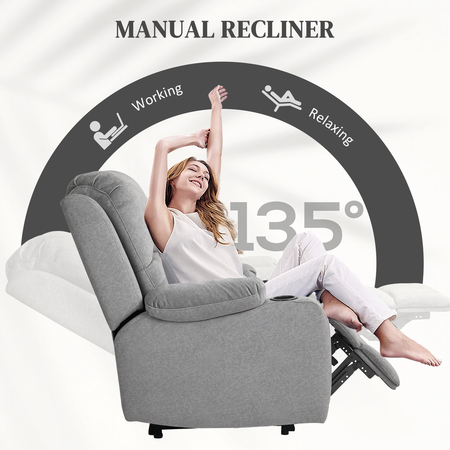 Microfibre Manual Reclining Armchair with 135° Recline Back and Footrest - Grey