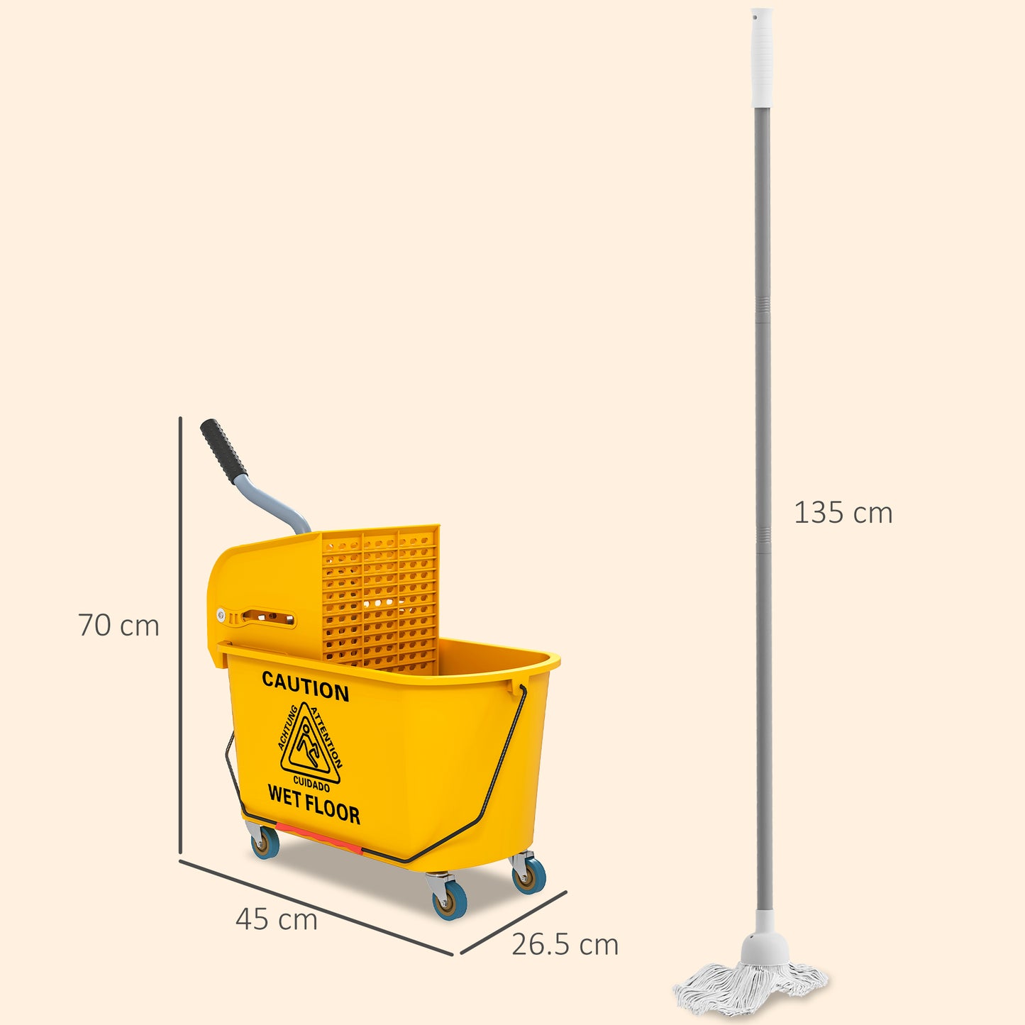 Mop Bucket with Wringer Set on Wheels for Floor Cleaning, 20 Litre Side Press Wringer with Handle and Mop, Yellow