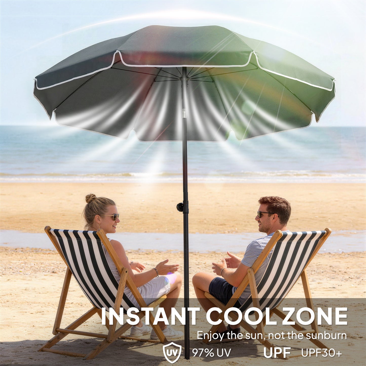 1.8 m Beach Umbrella Parasol with Sand Anchor, Portable 30° Tilting Patio Sun Shade with Adjustable Height, Dark Grey
