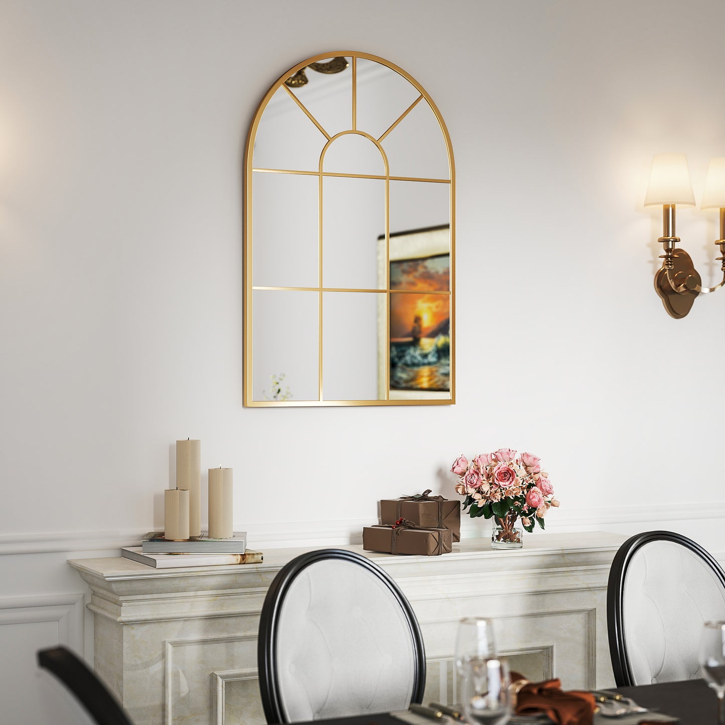 90 X 61cm Arched Grid Mirror - Gold Tone