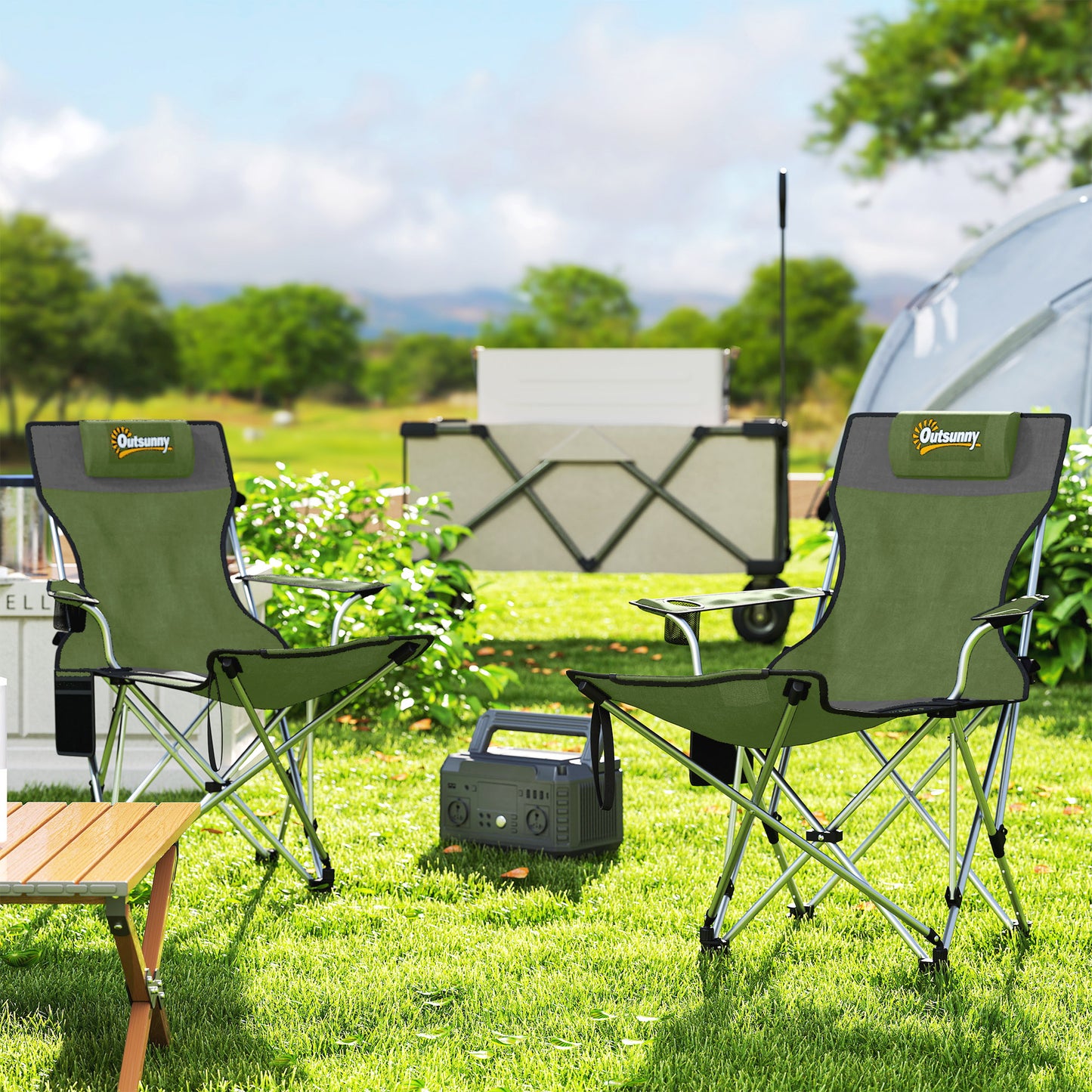 Set of 2 Reclining Folding Camping Chair w/ Detachable Footrest, Storage Bag, Cup Holder & Headrest
