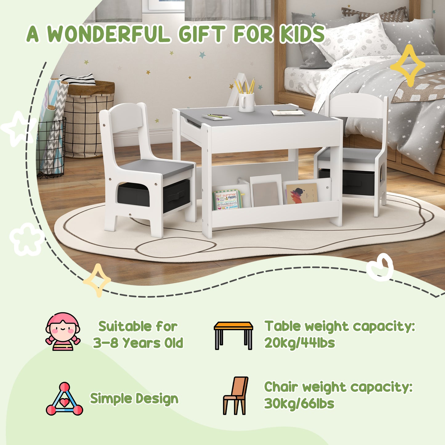 Three-Piece Kids Table and Chair Set with Blackboard, Storage, Bookshelves - Grey