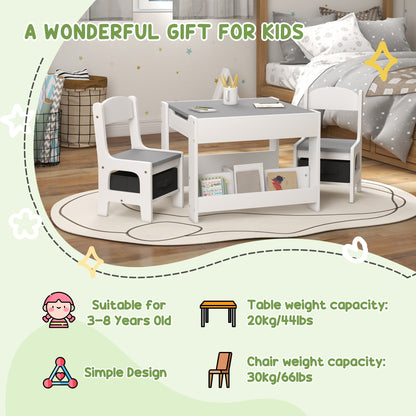 Three-Piece Kids Table and Chair Set with Blackboard, Storage, Bookshelves - Grey
