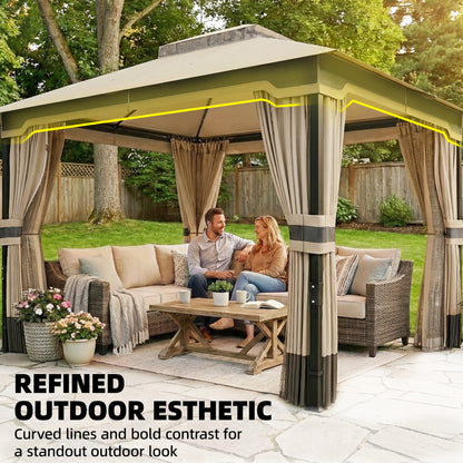 3 x 3.6 m Outdoor Garden Gazebo with Netting and Curtains, Double Roof Patio Gazebo Permanent Pavilion, Khaki