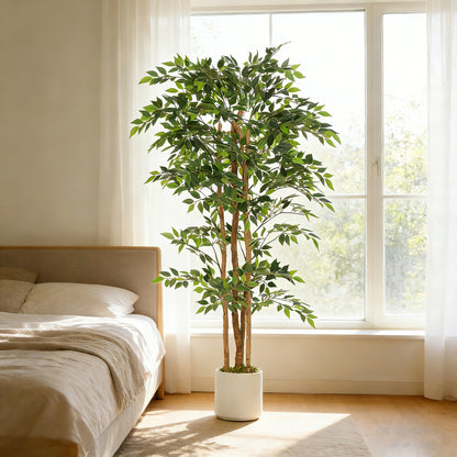180cm Artificial Ficus Tree, Fake Potted Tree with Solid Wood Trunk and Pot for Indoor, Green