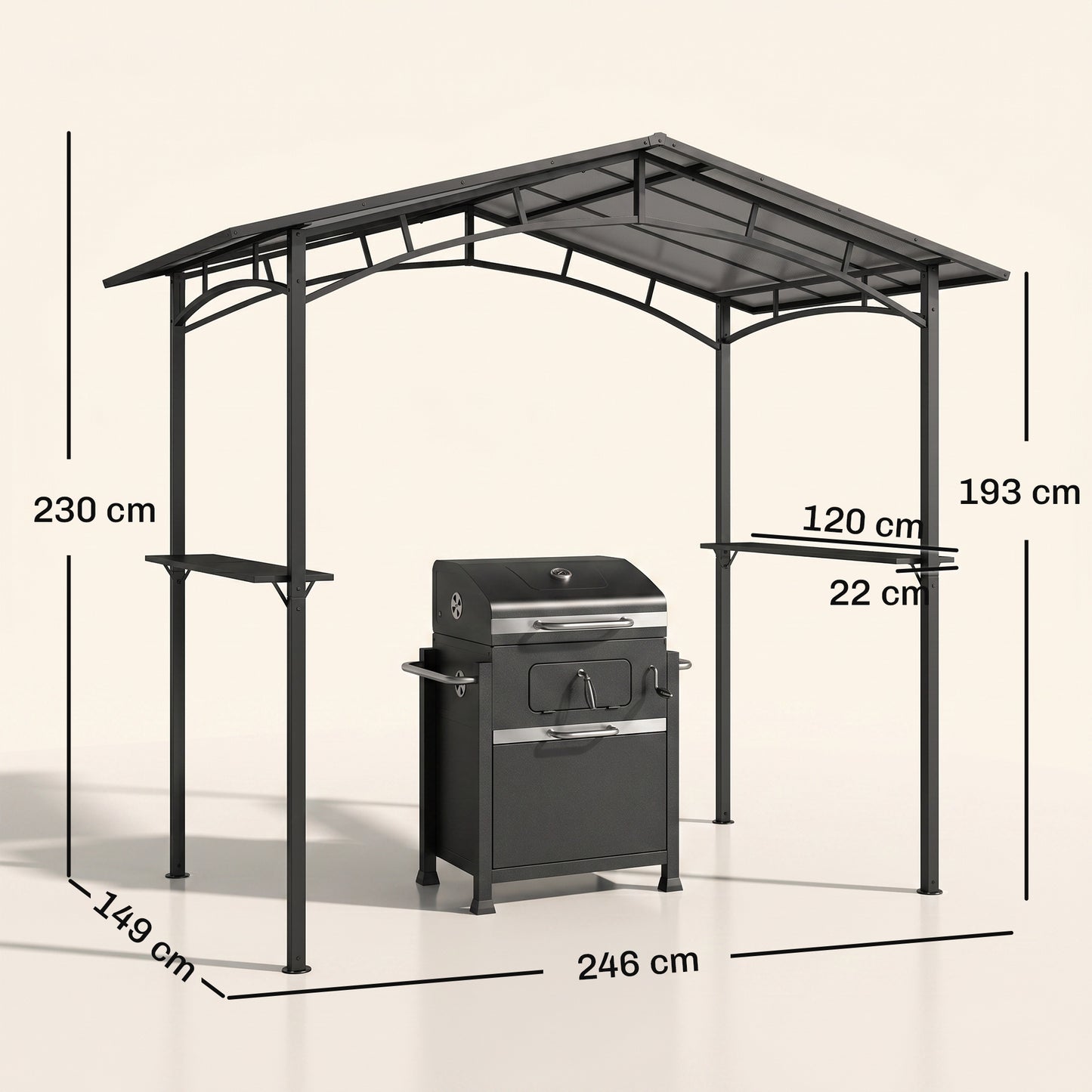246 x 149cm Outdoor BBQ Protective Gazebo Tent Aluminium Steel Frame w/ 2 Shelves Hardtop Roof Canopy Ground Stakes Safe Cook