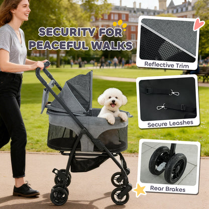Pet Stroller, Foldable Dog Cat Stroller with Detachable Carrier, Wheels, Storage Basket, Secure Leash