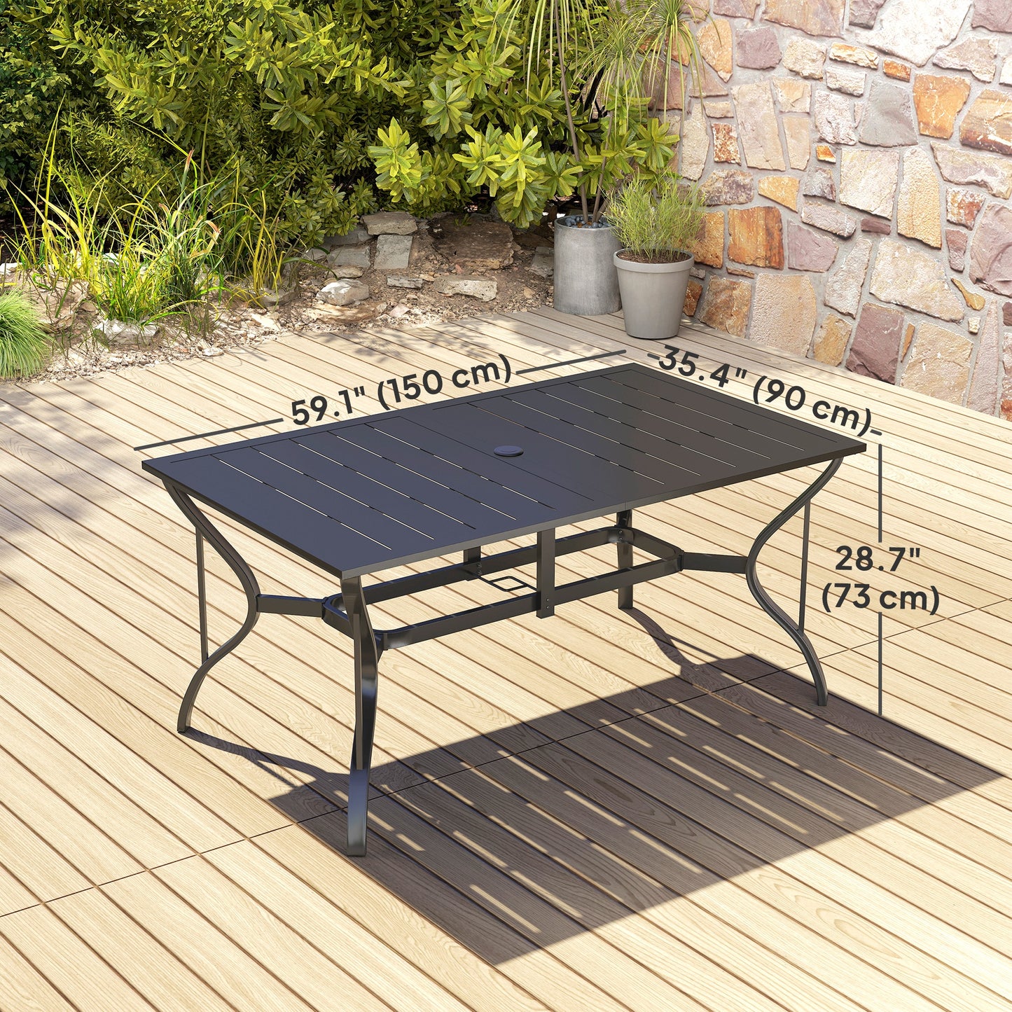 Garden Dining Table with Parasol Hole, Patio Table with Steel Frame and Slat Tabletop, Black