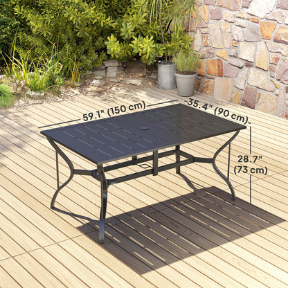 Garden Dining Table with Parasol Hole, Patio Table with Steel Frame and Slat Tabletop, Black