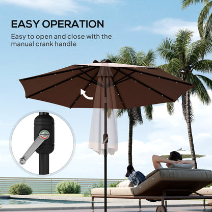 Φ2.7m Garden 24 LED Light Parasol Solar Outdoor Tilt Sun Umbrella Patio Club Party Event Manual Sun Shade w/ Hand Crank and 8