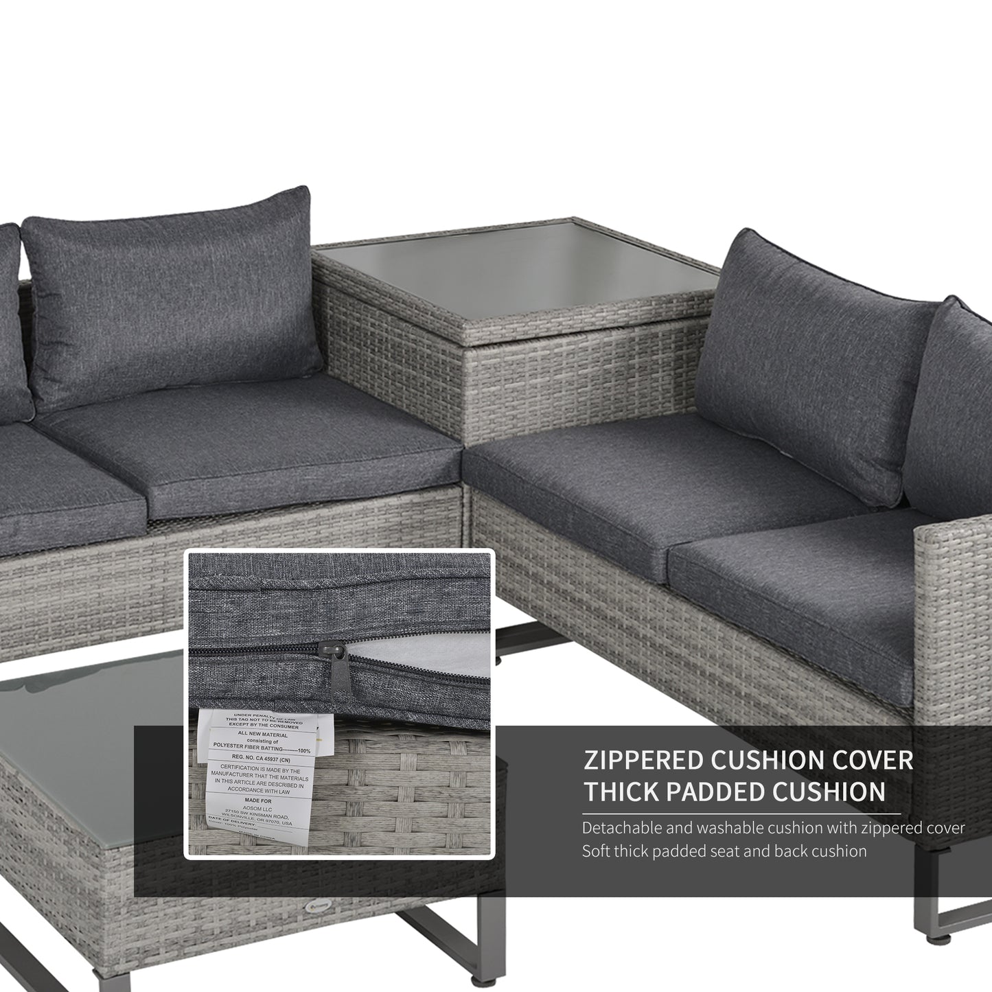 4 Pieces Rattan Garden Furniture Set, 4 Seater Garden Sofa Set with Storage Box, Loveseats and Glass Top Table