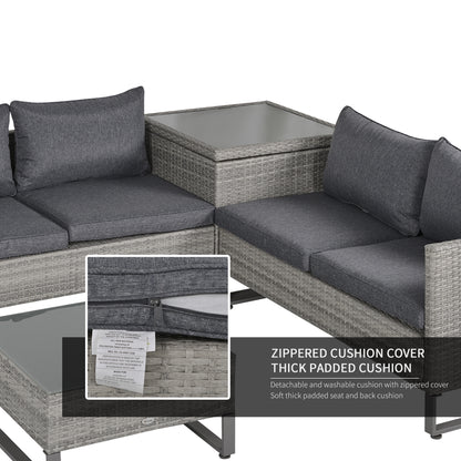 4 Pieces Rattan Garden Furniture Set, 4 Seater Garden Sofa Set with Storage Box, Loveseats and Glass Top Table