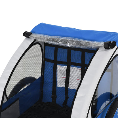 2 Seat Bike Trailer Bicycle wagon for Kids Child Steel Frame Safety Harness Seat Carrier Hitch Coupler Blue White 130 x 76 x