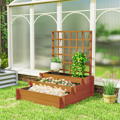 3 Tier Garden Planters with Trellis for Vine Climbing, Wooden Raised Beds, 95x95x110cm, Brown