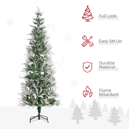 7 Ft Pencil Snow Flocked Artificial Christmas Tree with Realistic Cypress Branches, Auto Open, Green