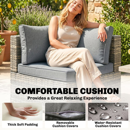 Outdoor PE Rattan Corner Sofa, Garden Wicker Furniture Single Sofa Chair w/ Cushions, Light Grey