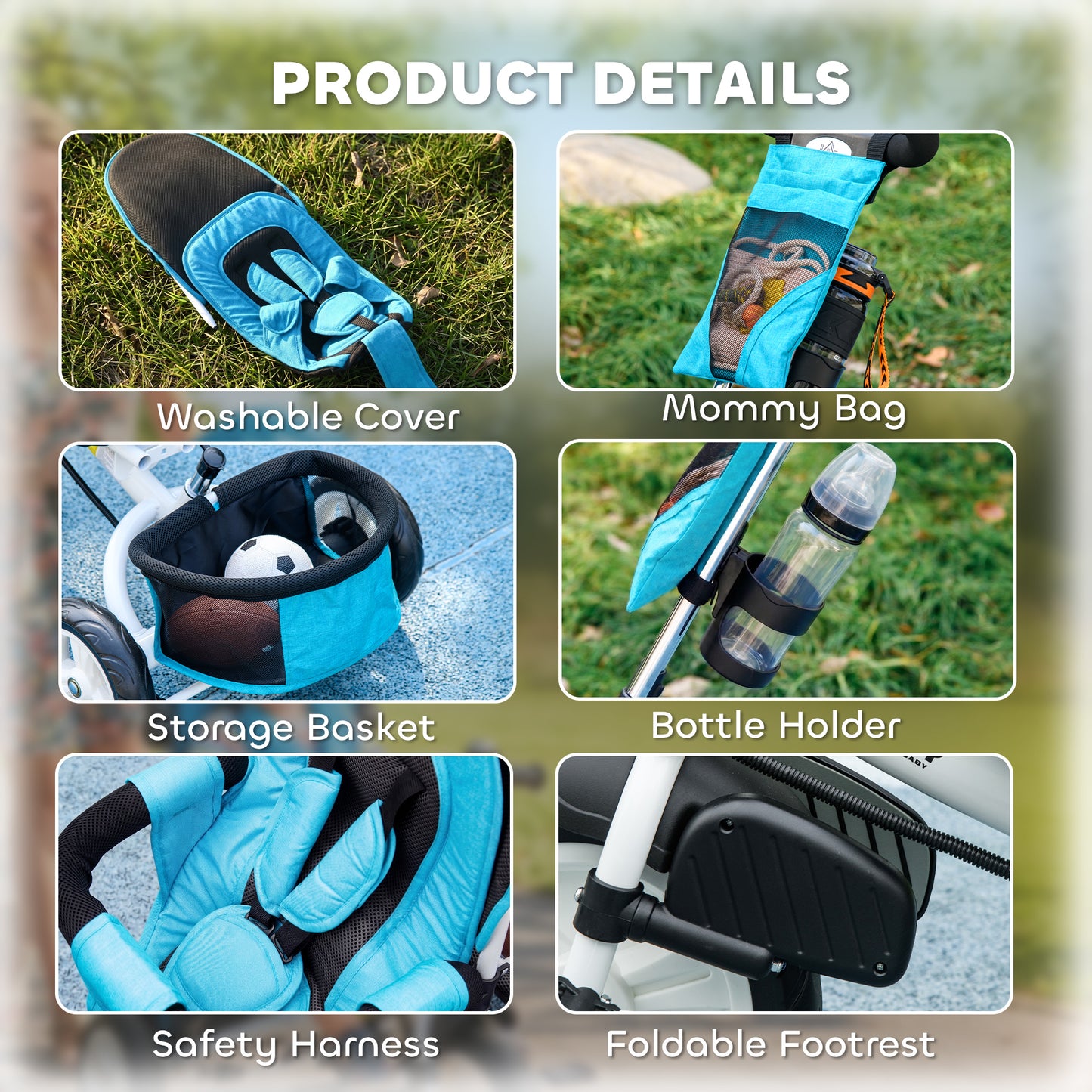 6 in 1 Kids Trike with Parent Handle, Canopy, 5-point Seat Belt, Storage, Footrest, Brake, for 1-5 Years, Blue