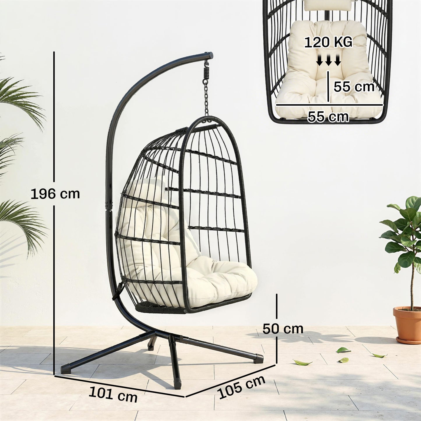 Hanging Egg Chair, Indoor Outdoor Hammock Swing Chair with Stand, Safety Strap, Foldable Basket, Black/Cream White