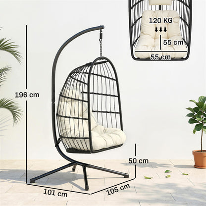 Hanging Egg Chair, Indoor Outdoor Hammock Swing Chair with Stand, Safety Strap, Foldable Basket, Black/Cream White