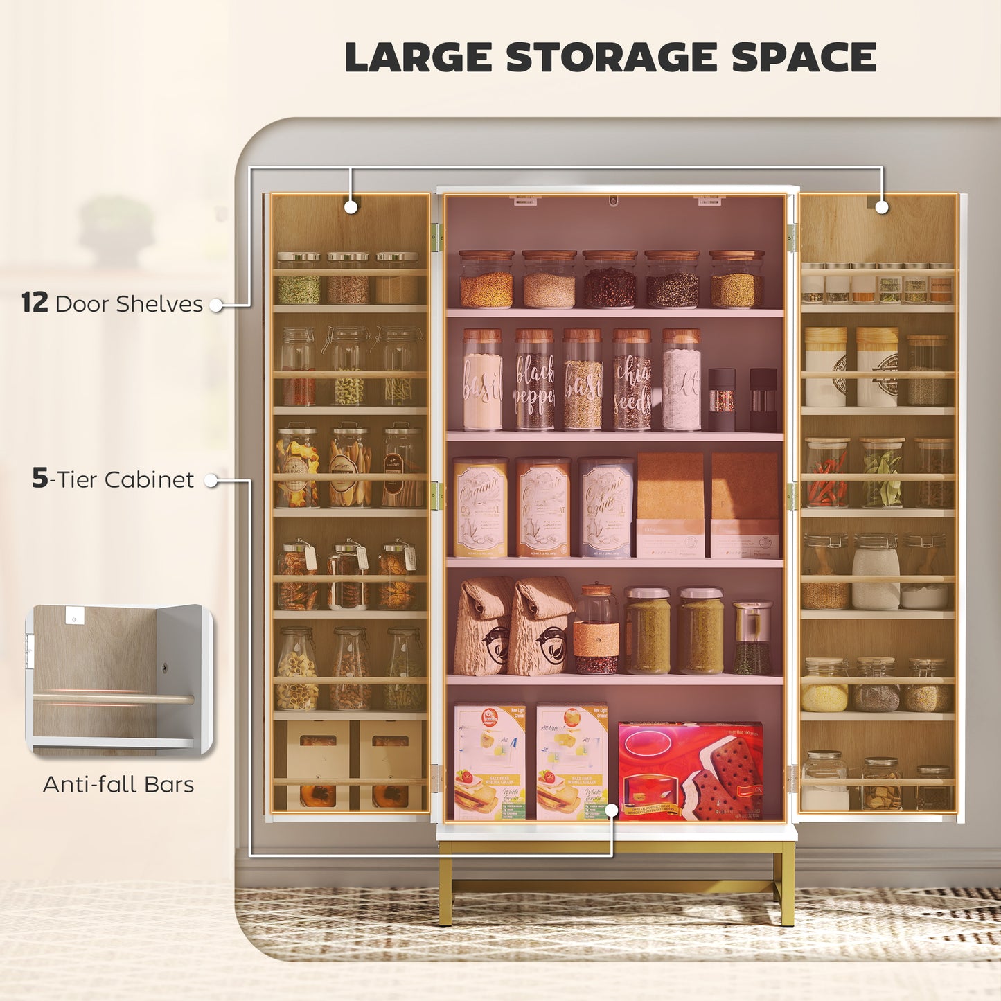 119.5 cm Kitchen Cupboard, Freestanding Kitchen Cabinet with Double Doors, 5 Tiers, 12 Spice Racks, White