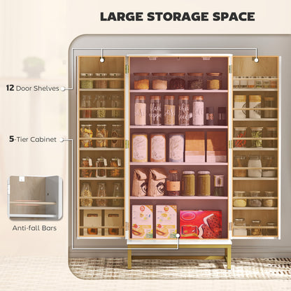 119.5 cm Kitchen Cupboard, Freestanding Kitchen Cabinet with Double Doors, 5 Tiers, 12 Spice Racks, White