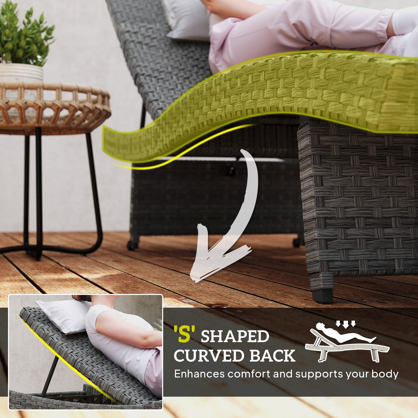 Outdoor PE Rattan Sun Lounger, Folding Wicker Garden Lounger Recliner with 4-Level Adjustable Backrest