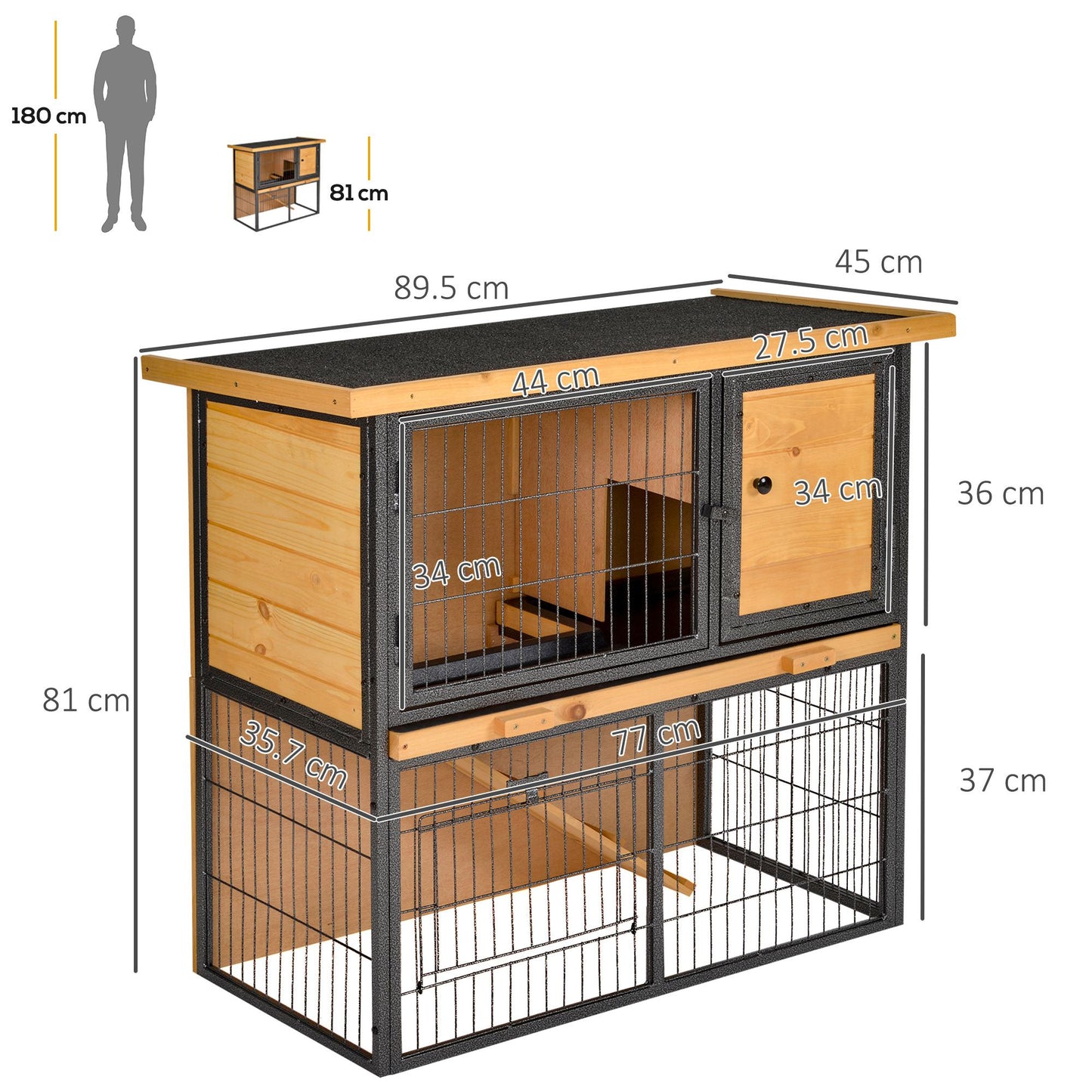 Guinea Pig Hutch Rabbit Hutch Wood-metal Elevated Pet House Bunny Cage with No-Leak Tray Ramp Openable Roof Outdoor 89.5 x 45