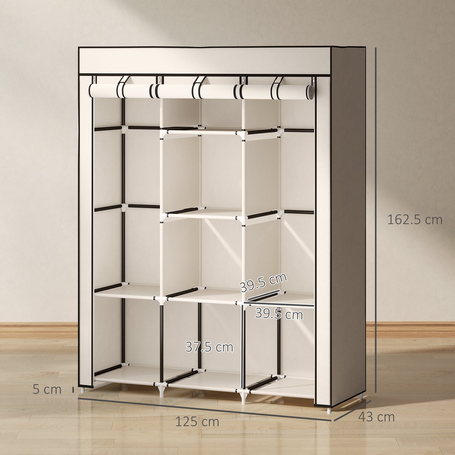 Fabric Wardrobe, with Rails and Shelves - Cream White