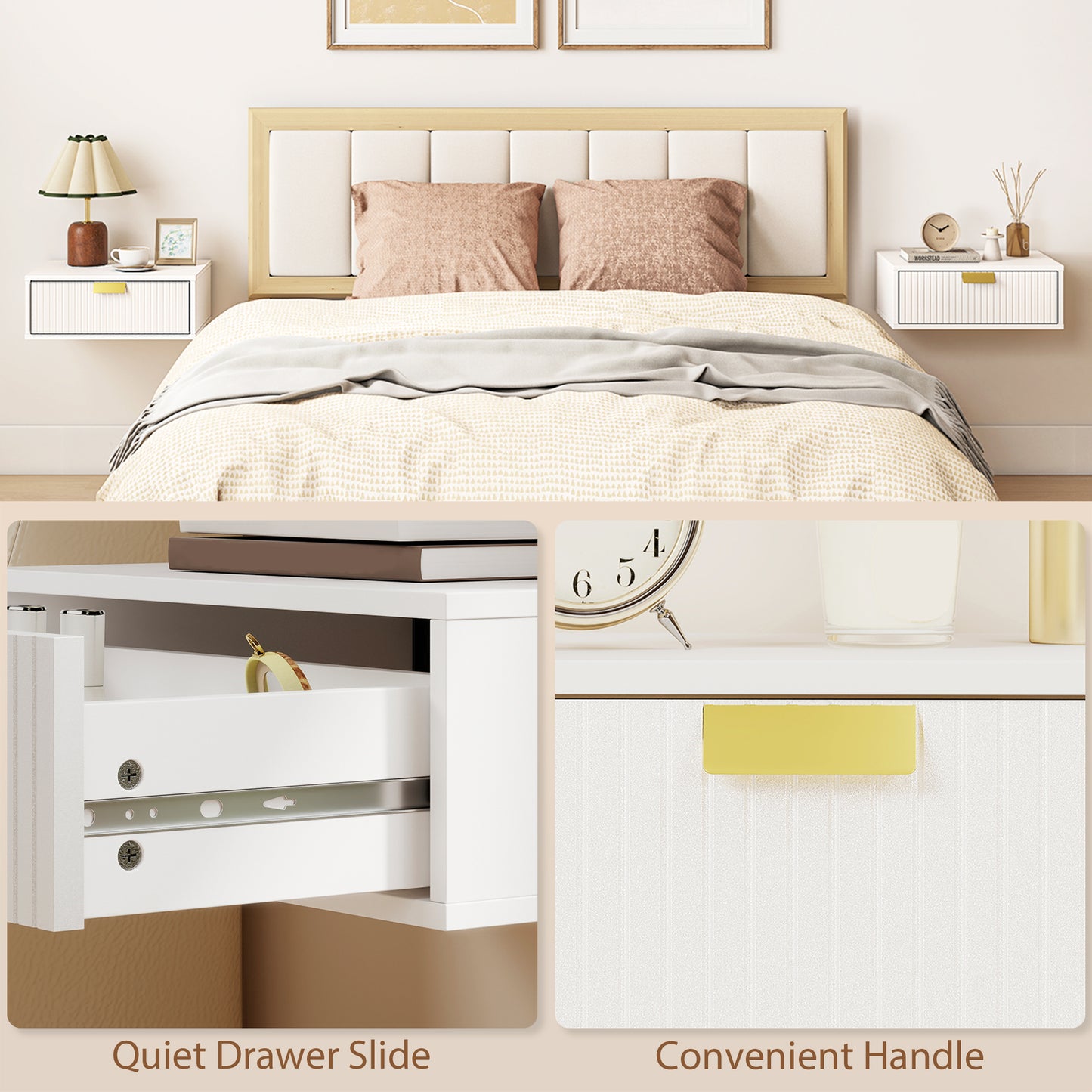 Modern Floating Nightstands Set of 2, Wall Mounted Bedside Tables with Wave Drawer White