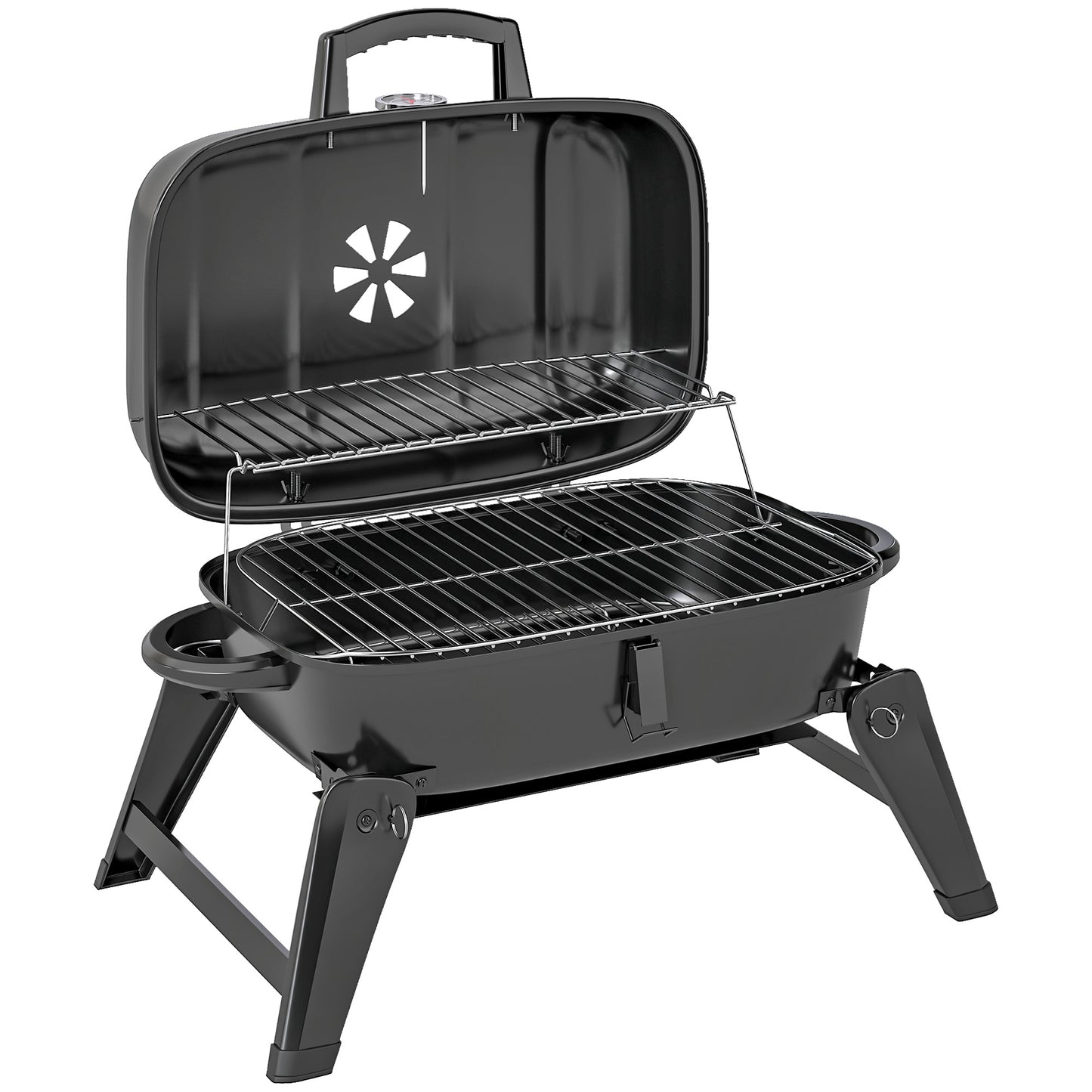 Charcoal Barbecue Grill Folding Portable BBQ Grill for Camping with 1232 cm² Cooking Area, Adjustable Vent, Thermometer