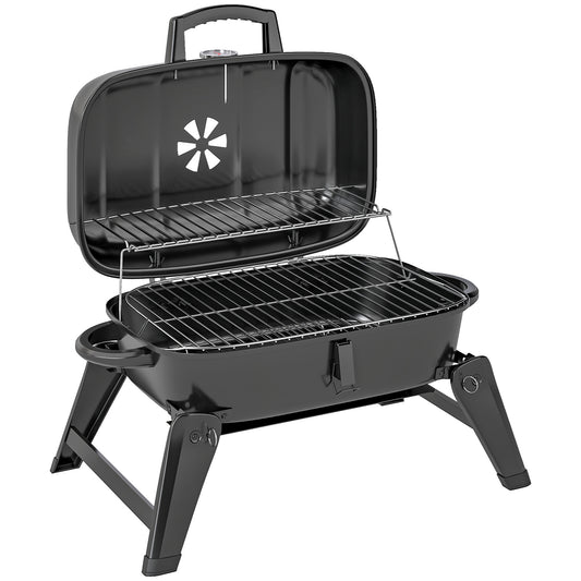 Charcoal Barbecue Grill Folding Portable BBQ Grill for Camping with 1232 cm² Cooking Area, Adjustable Vent, Thermometer