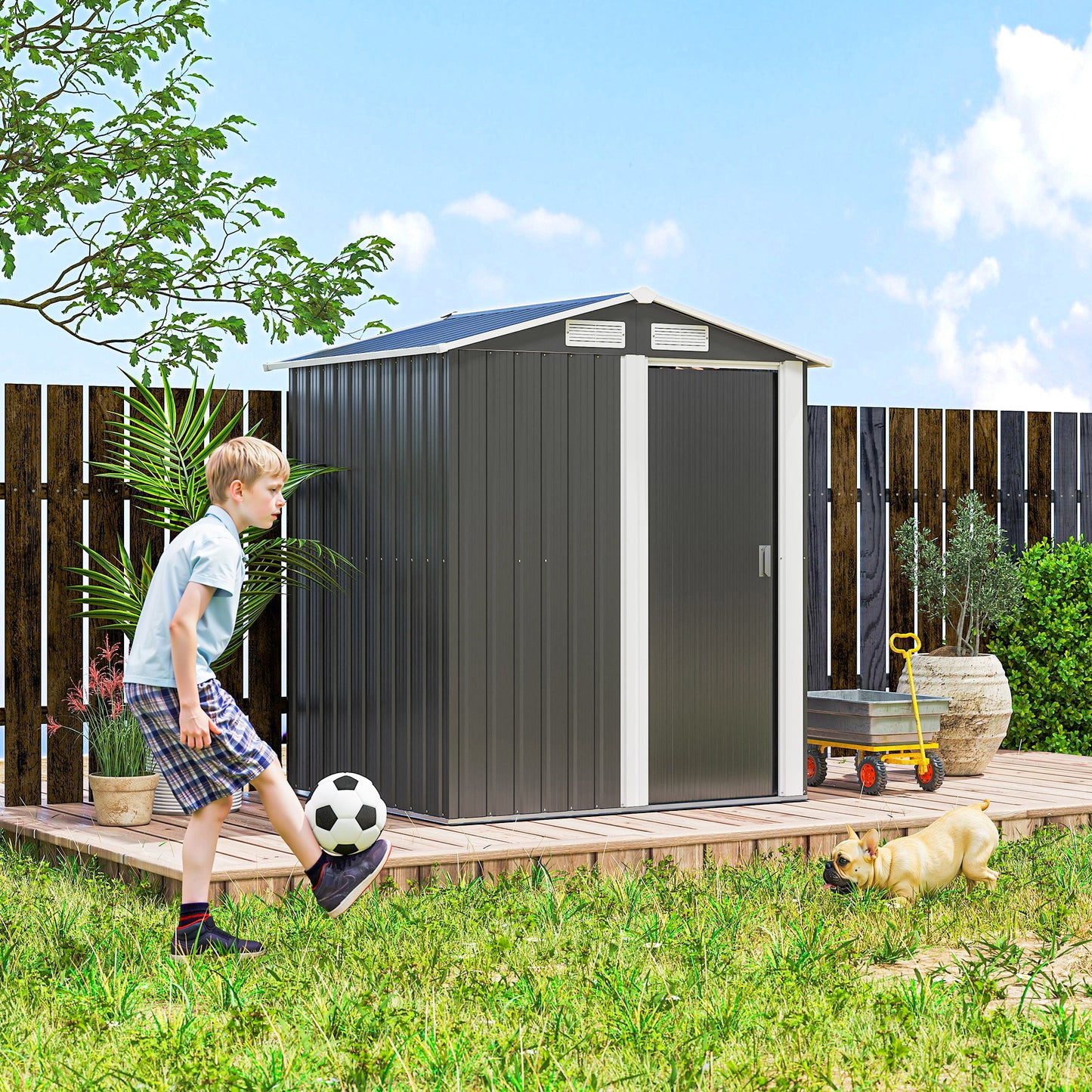 Garden Metal Tool Storage Shed with Sliding Door, Sloped Roof and Foundation Kit, 152 x 132 x 188cm, Grey