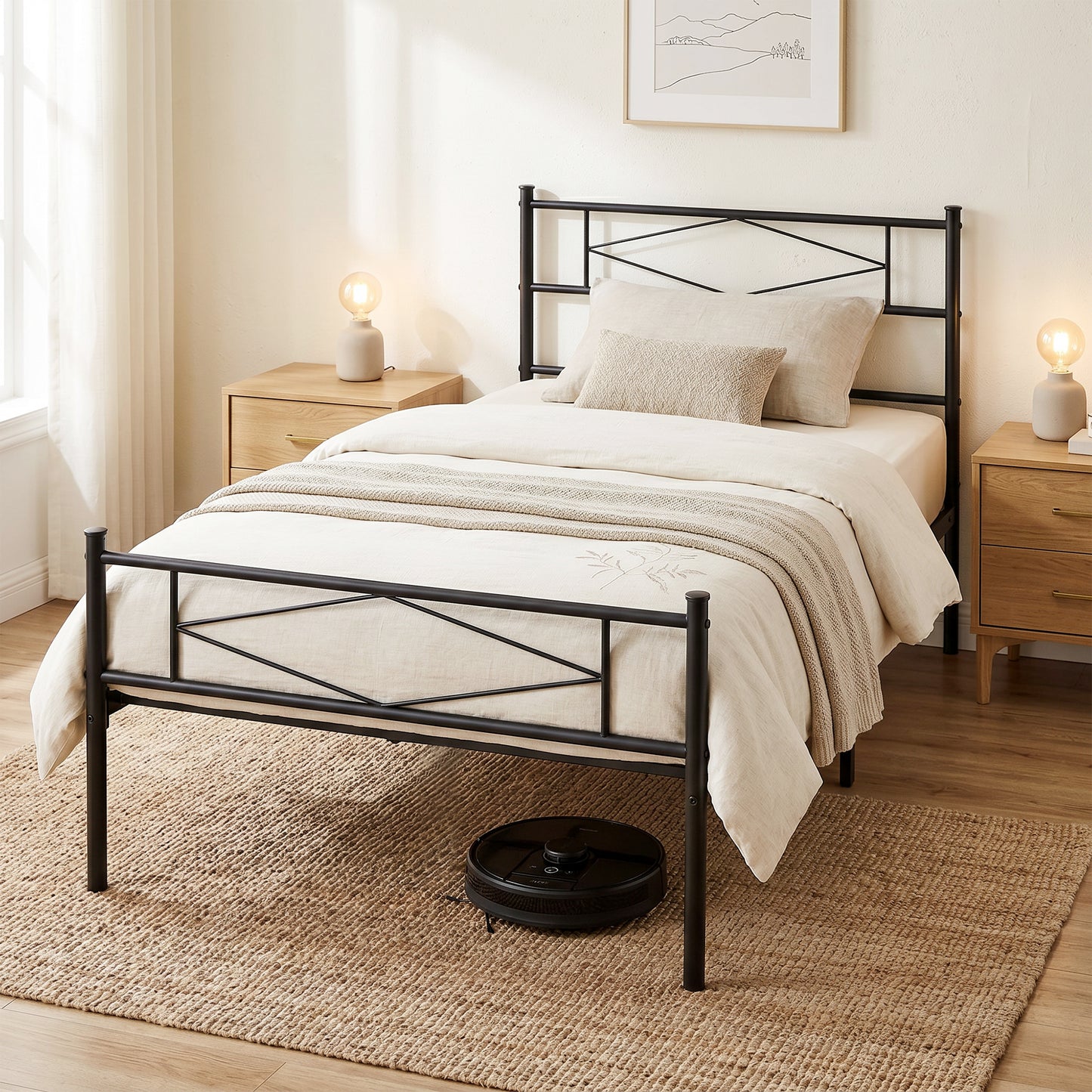 3ft Single Bed Frame with Headboard and Footboard, Metal Platform Bed Frame with 32 cm Underbed Storage, Black