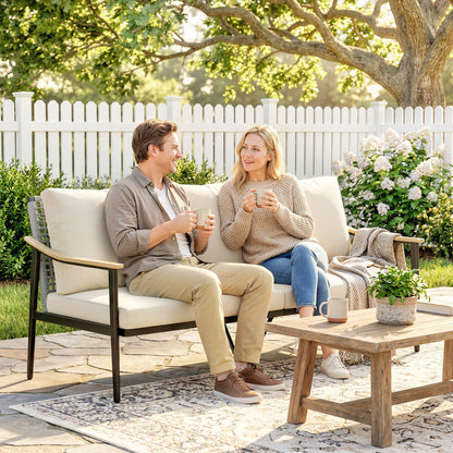 3 Seater Rattan Sofa, Outdoor Garden Sofa with Wood-Effect Armrests, Cushions for Patio, Balcony, Khaki