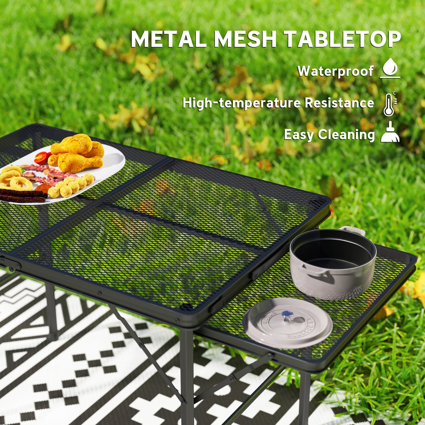 Folding Grill Table, 4.5ft Portable Camping Table with 2 Wing Panels, Height Adjustable Metal Picnic Table for Camping