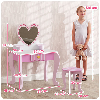 Kids Dressing Table Set, Vanity Table with Stool, Mirror, Drawer, Desktop Storage, Heart Theme, Pink