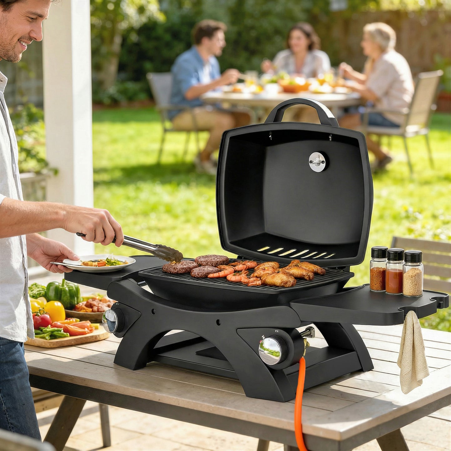 2 Burner Gas Grill with 2 Detachable Side Tables, 3.8 KW Steel Barbecue Grill with Cast Iron Grates, Lid, Thermometer