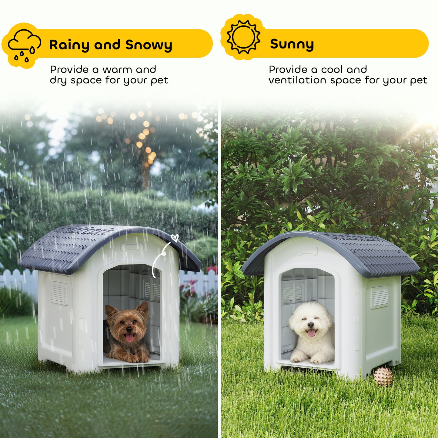 Outdoor Dog Kennel, Plastic Dog House with Removable Floor, Waterproof Roof, Raised Floor, 71 x 60 x 63 cm