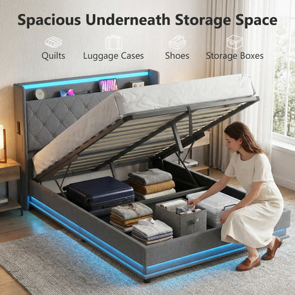 4ft6 Double Bed Frame with Headboard, Platform Bed Frame with Hydraulic Storage, LED Lights and Charging Station, Grey
