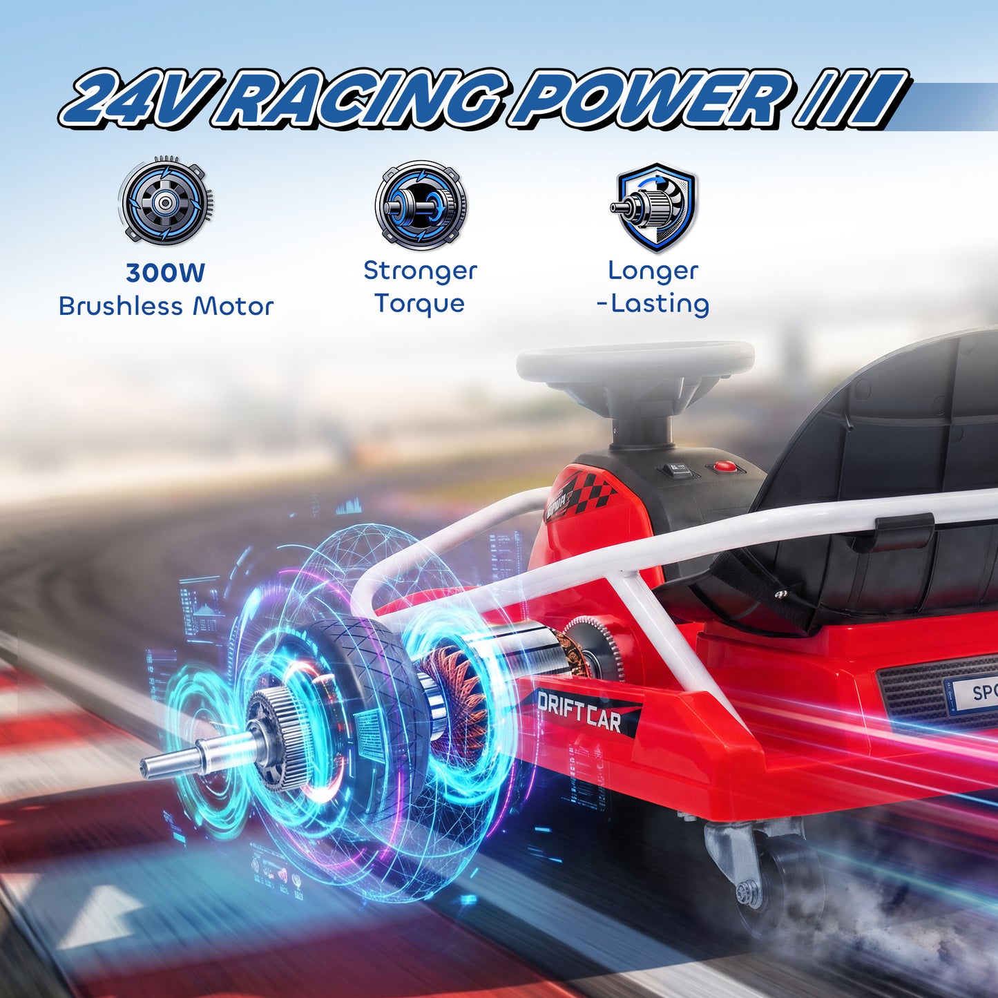 24V Electric Go Kart for Kids with Drift Mode, 300W Brushless Motor, Soft Start and Dual Speed for Ages 6-10, Red