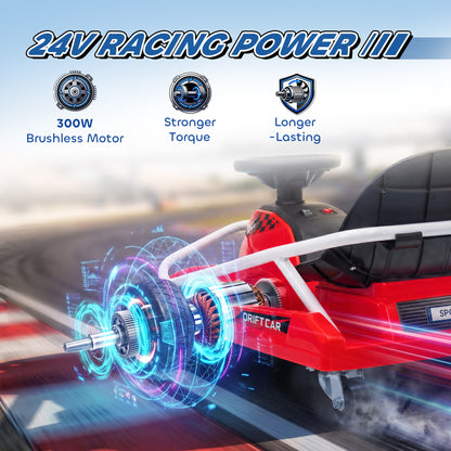24V Electric Go Kart for Kids with Drift Mode, 300W Brushless Motor, Soft Start and Dual Speed for Ages 6-10, Red