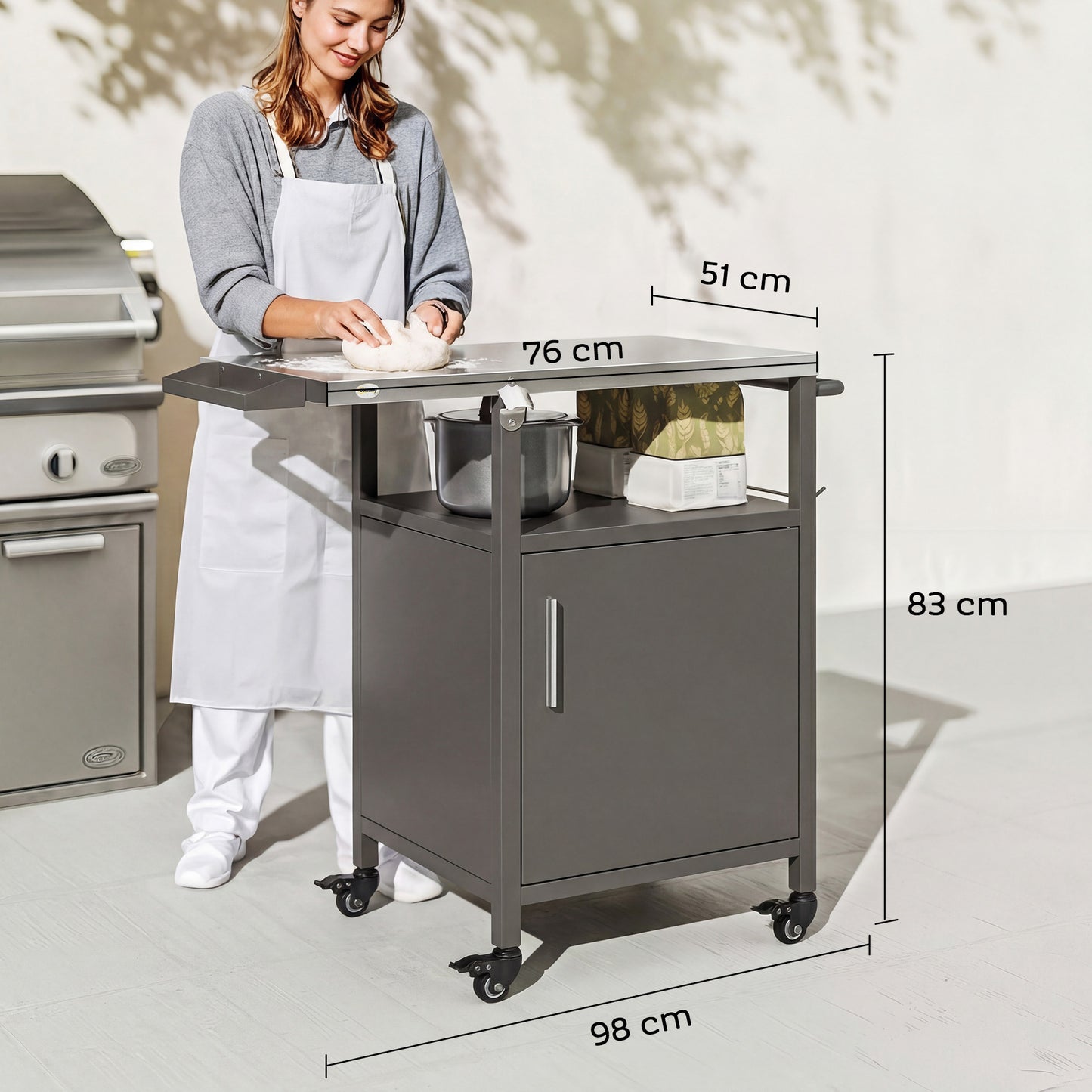 Grill Cart with Stainless Steel Top, Pizza Oven Stand with Cabinet, Spice Rack, Towel Holder, Bottle Opener, Brown