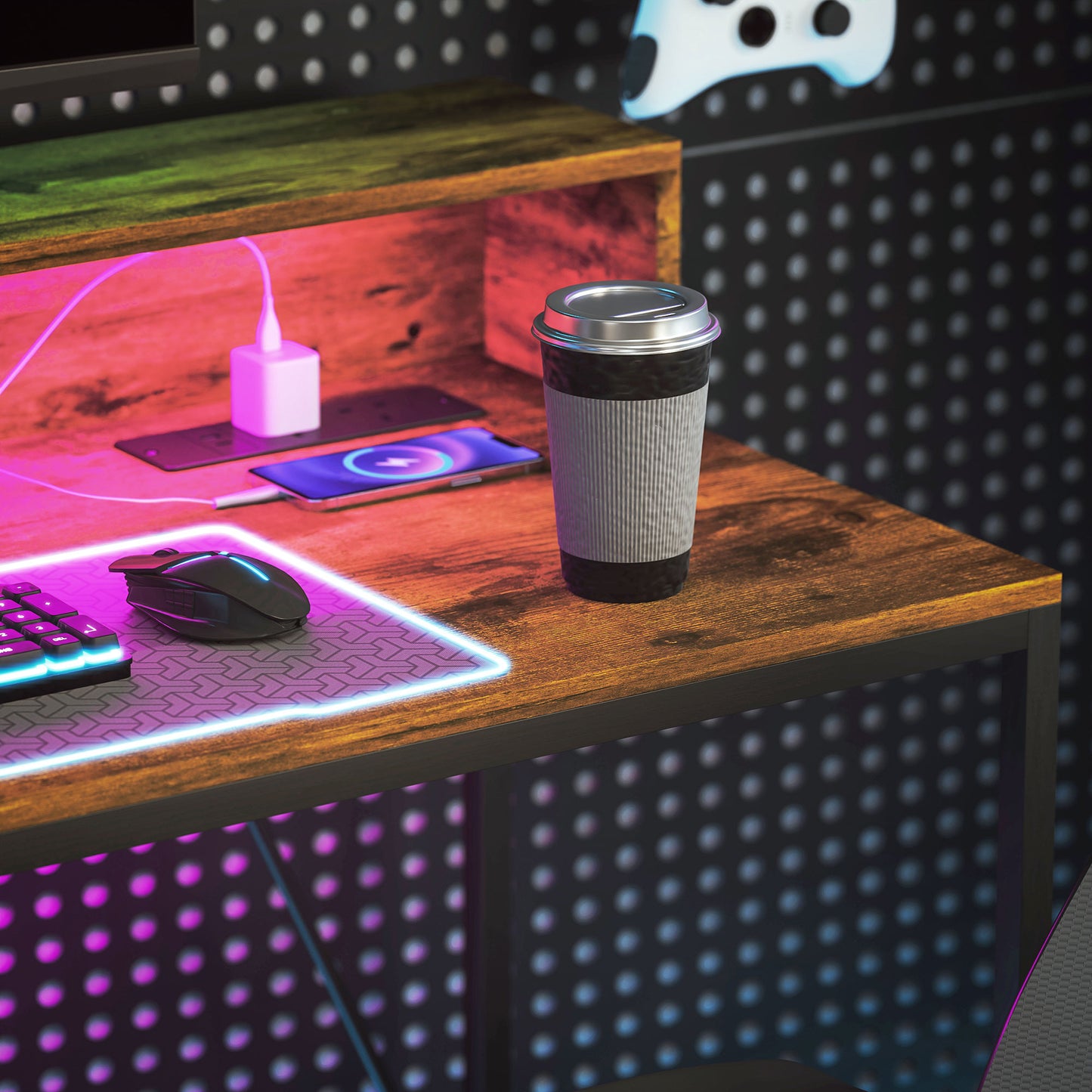 120cm Computer Desk with LED Lights and Power Outlets, Gaming Desk with Monitor Stand