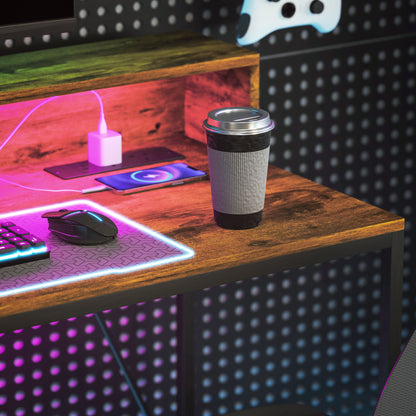120cm Computer Desk with LED Lights and Power Outlets, Gaming Desk with Monitor Stand